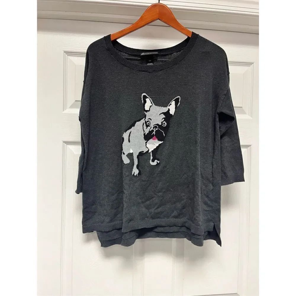 Lane Bryant Gray Frenchie Bull Dog 3/4 Sleeve Light Weight Sweater sz 14